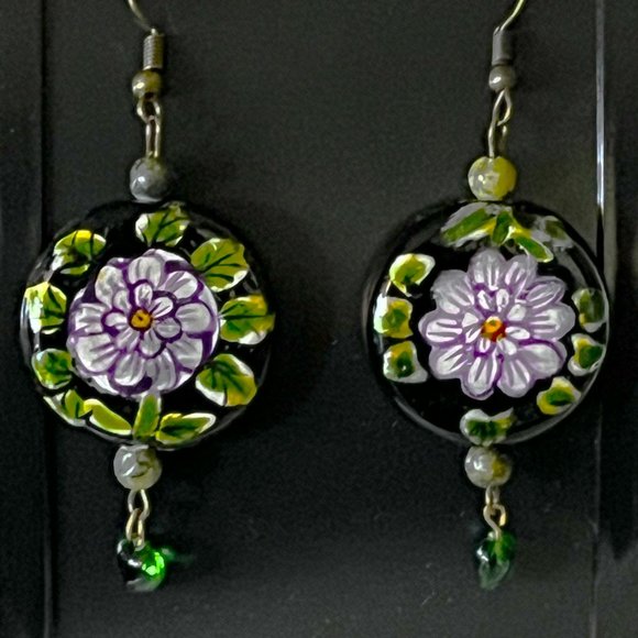 Purple Flowers, Green Leaves, Hearts & Brass Fishhook Ear Wires Dangle Earrings - Picture 2 of 4